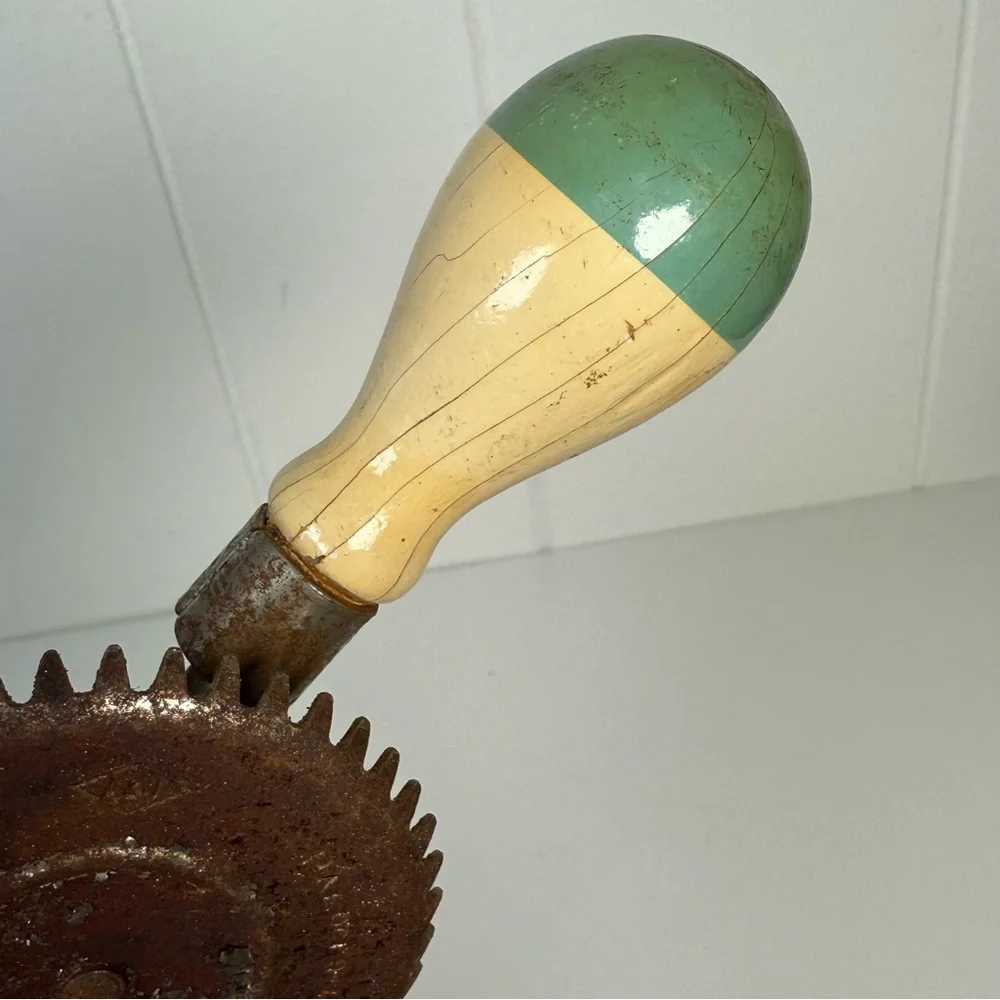 Antique (Green & Cream) A&J Kitchen Egg Beater Wood Handle Farmhouse Decor